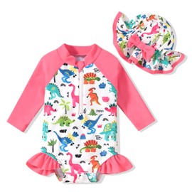 Aalizzwell 6-12 Months Infant Baby Girls One Piece Long Sleeve Swimsuit Dinosaur Bathing Suit Zip Up Swimwear Beach Wear Dino