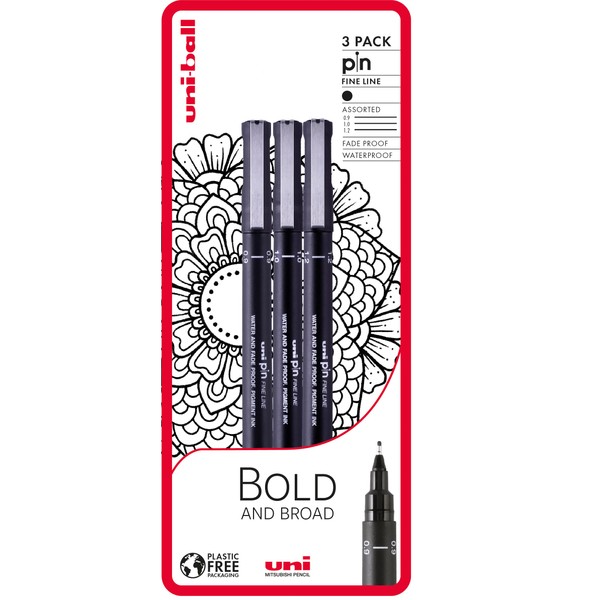 Uni-ball Bold and broad 3 piece uni-PIN fineliner broad drawing pens, black
