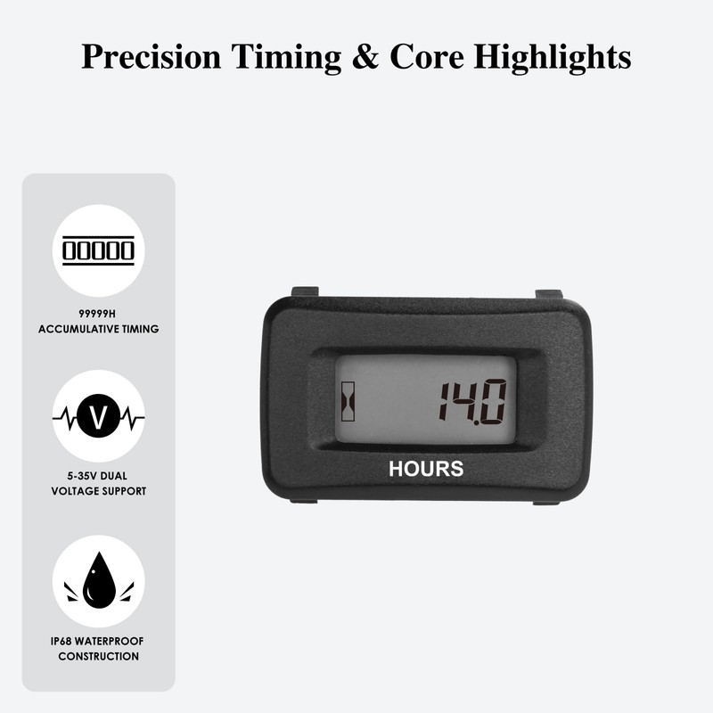 NInE-ROnG AC/DC Hour Meter, Digital Engine Hourmeter Gauge 5-35V, Non-Resettable