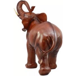 Faux Mahogany Wood Finish Buddha Feng Shui Elephant With Trunk Up Statue 14.25"L
