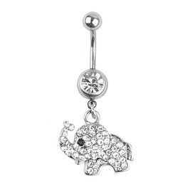 14G Stainless Steel Clear Crystal Elephant Dangle Navel Belly Button Ring Bar