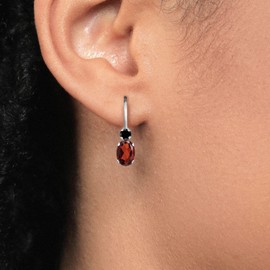 Gem Stone King 14K White Gold Red Garnet and Black Diamond Leverback Earrings For Women | 1.07 Cttw | Gemstone January Birthstone | Oval 6X4MM, Round 2MM | 3/4 Inch