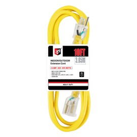 EP 10 Ft Lighted Outdoor Extension Cord - 10/3 SJTW Heavy Duty Yellow Extension Cable with 3 Prong Grounded Plug for Safety, UL Listed