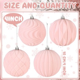 Blueweenly 4 Pcs 4 Inch Large Velvet Christmas Ball Ornaments Vintage Christmas Plastic Ball Ornaments Flocked Tree Hanging Decoration for Xmas Party Wedding Home Decor(Pink)