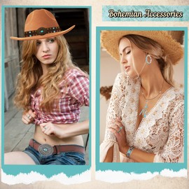Saier tbo 7-Piece Cowboy Hat Accessory Set for Women, Western Cowgirl Costume Kit with Cowboy Hats, Belt, Boho Necklace, Earrings, Rings, Bracelets for Carnival, Cosplay, Theme Party