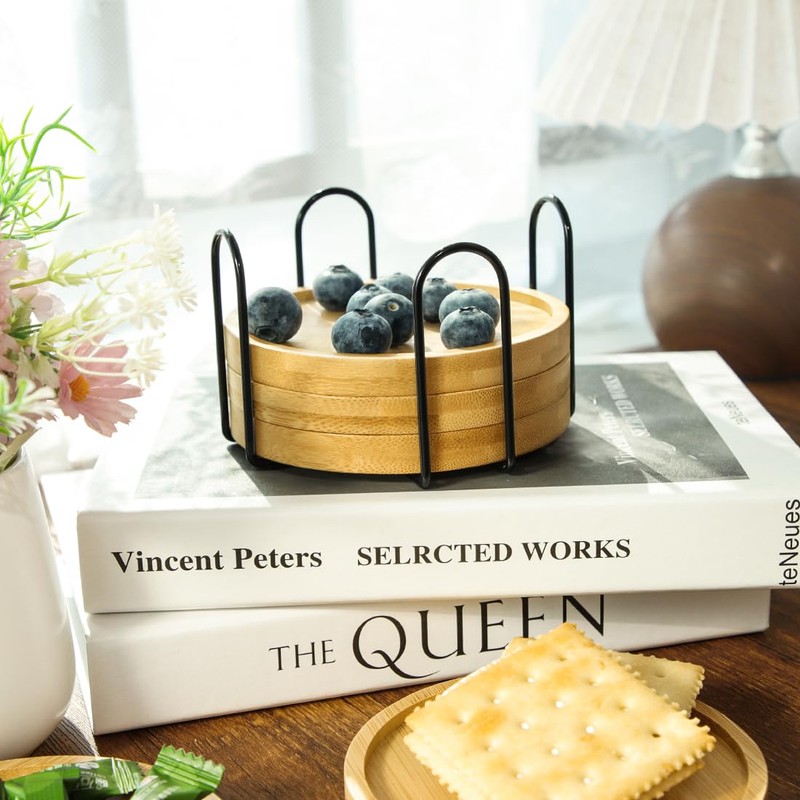 WLWNWFT Bamboo Coaster Set of 6 with Lid Holder for