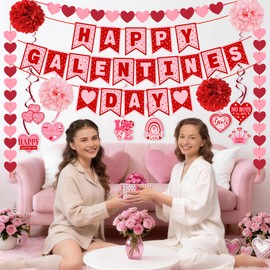 Galentines Day Decorations Set - NO DIY - Happy Galentines Day Banner & Valentines Day Felt Heart Garland & Hanging Swirls Galentines Decorations for Girls Ladies Night Party Supplies Photo Prop
