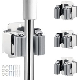 JAMEND CLXP 3PCS Broom and Mop Holder, Heavy Duty Garden Tool Organizer Rack Rake and Shovel Handle, Stainless Steel Mop Hanger. Wall Mounted Utility Rack with Screws, Silver.