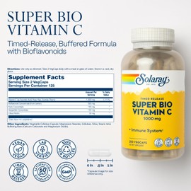 SOLARAY Solaray Super Bio Vitamin C 1000mg, Buffered, Time Release Capsules with Bioflavonoids, Two-Stage for High Absorption & All Day Immune Support, Vegan, 60 Day Guarantee, 125 Servings, 250 VegCaps
