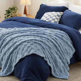 Bedsure Queen Comforter Set 5 Pieces - Bed in a Bag with Throw Blanket and Decorative Pillow, Lightweight Bedding Comforter Sets, All Season Boho Bedding Sets, Navy Blue
