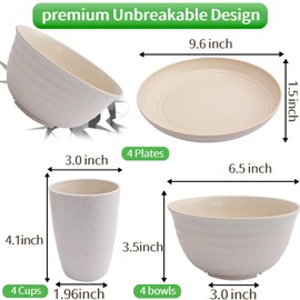 Cptoion 12 Pcs Wheat Straw Dinnerware Sets,Unbreakable Plates and Bowls Cups Set,Plastic Dinnerware Set,Lightweight Bowls Cups Plates,Reusable Dishes for Kitchen,Camping,Microwave,Dishwasher(Beige)