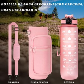 MOYAC Botella Agua con Funda Protectora, Botella de Agua 1 Litros con Pajita, Asa, Correa para el Hombro, Función de Apertura con un Botón, para Fitness, Viajes, Escuela, Oficina (Rosa)