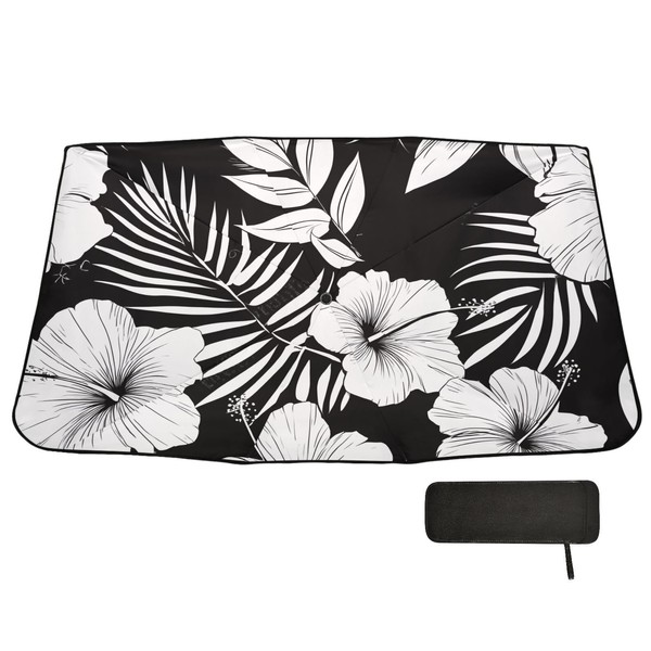 Umbrella Car Windshield Sunshade,Hibiscus Flower Black White Pattern Reflective Sun