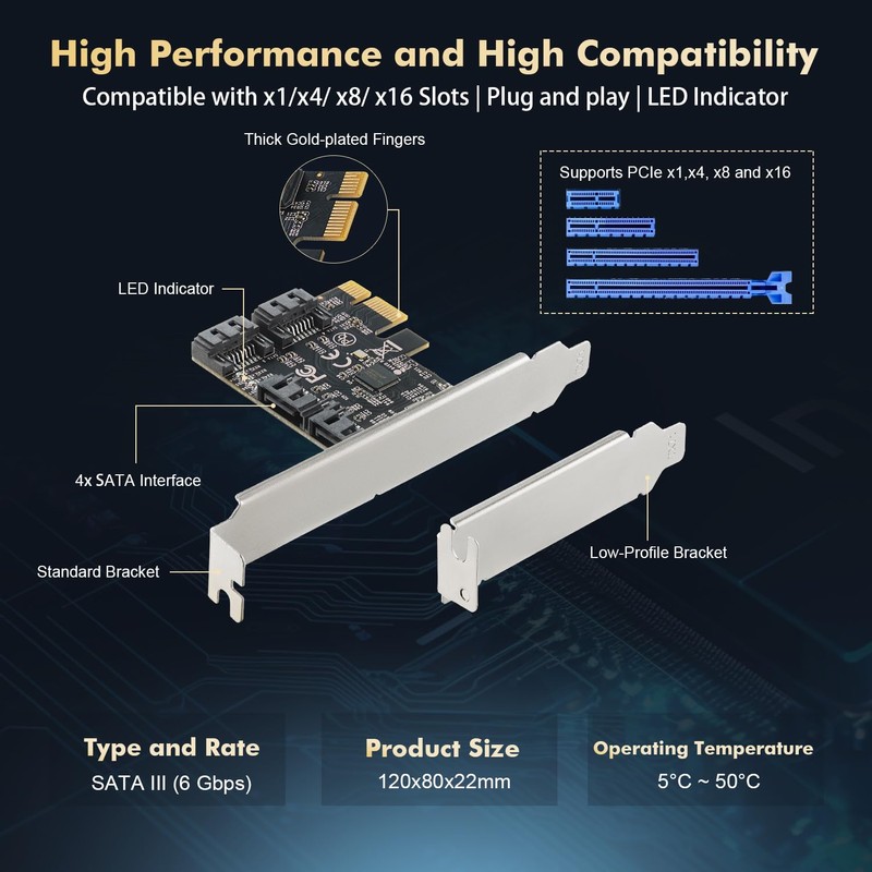 Binardat PCIE X1 to SATA Card 4 Port 6Gbps SATA