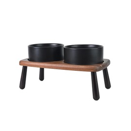 SPUNKYJUNKY Ceramic Elevated Dog Bowls Raised with Acacia Bamboo Wooden Stand, 6.1'' Dog and Cat Food Water Bowls Set Non-Slip for Small Medium Sized Breed Microwave Dishwasher Safe - 28.7 OZ,Black