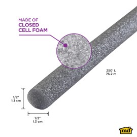 M-D Building Products - Versatile Gray Foam Backer Rod - Set 1/2in x 250ft - Essential Caulk Saver for Sealing Concrete Gaps, Expansion Joints, and Crack Filling (71551)