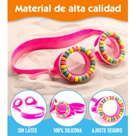 Schwimmbrille für Mädchen, Schwimmbrille für Mädchen, lustiges Karamell-Design, UV-Schutz, beschlagfrei, 100 % Silikon, latexfrei, mit Brillenetui, Geschenk für Mädchen