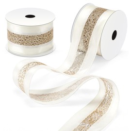 Yuxung 20 Yards 2.5 Inch Christmas Wired Gold Ribbon Satin with Glitter Mesh Lace Middle for Christmas Tree Bows, Wreaths, Gift Wrapping, Crafts, and Home Decor(White and Champagne)