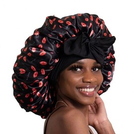 Silk Hair Cap with Satin Strap for Women's Wavy Hairstyles Free Size/Black Leopard Print 4ea