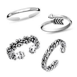 LeCalla Set of 4 Pcs 925 Sterling Silver Toe Rings for Women | Open Adjustable Arrow Flower Link & Simple Band Toe Ring Set | Minimalist Summer Beach Bare Foot Jewelry