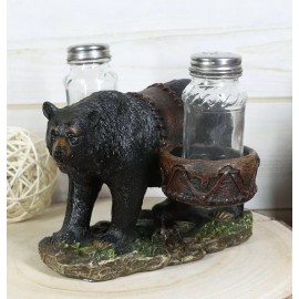 Ebros Gift Rustic Black Bear Carrying Saddlebags Holder With Glass Salt And Pepper Shakers