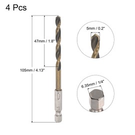 sourcing map 4 Pcs High Speed Steel Hex Shank Twist Drill Bit, 5mm Drilling Dia with 1/4 Inch Hex Shank 105mm Length