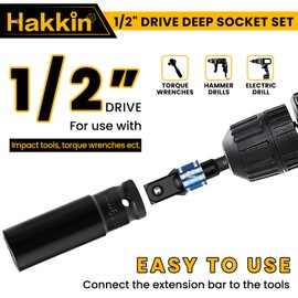 1/2 inch Drive Impact Socket Set Hakkin 19mm Deep 6-Point Impact Socket and 1/4" Hex Shank to 1/2" Drive Adapter Heavy Duty Chrome Vanadium Steel