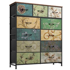 WLIVE Tall Dresser for Bedroom, Fabric Dresser Storage Tower, Chest of Drawers Organizer Unit with 11 Drawers, Storage Cabinet, Hallway, Closets, Steel Frame, Wood Top, Vintage,Floral Painted