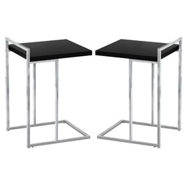 Home Square Thick Wood Panel Top C Side Table in Black and Chrome - Set of 2