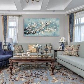 Flowers Wall Art Plum Blossom Canvas Art Botanical Floral Canvas Pictures Grey Blue Canvas Artwork for Bedroom Living Room Bathroom Kitchen Office Home Wall Decor Framed Ready to Hang 24" x 48"