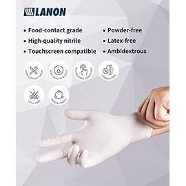 LANON 100 guantes desechables de nitrilo de grado alimenticio con puntas de los dedos texturizadas, 2 mil, látex y sin polvo, blanco, grande