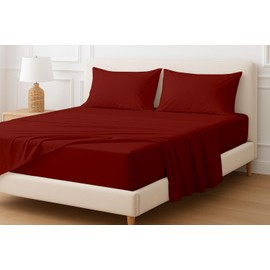 Extra Deep Sheets-Cotton Bed Sheets - 100% Cotton - 22 Inch Extra deep Pocket Fitted Sheet with Elastic All Around (4 Pcs Sheet Set) - (Burgundy Solid - King Size)