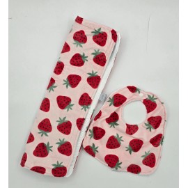 Handmade Strawberry Minky Print Kids Drool Bib and Changing Mat Set