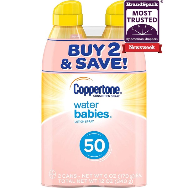 Coppertone WaterBabies Sunscreen Quick Cover Lotion Spray Broad Spectrum SPF 50 (6 Ounce per Bottle, Pack of 2) (Packaging may vary)