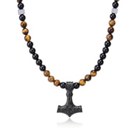 PiercingJak Men's Necklace Tiger's Eye Obsidian Chain with Thor's Hammer Pendant Viking Pearl Necklace Celtic Knot Nordic Jewellery Amulet Gift for Men, Stainless Steel Gemstone