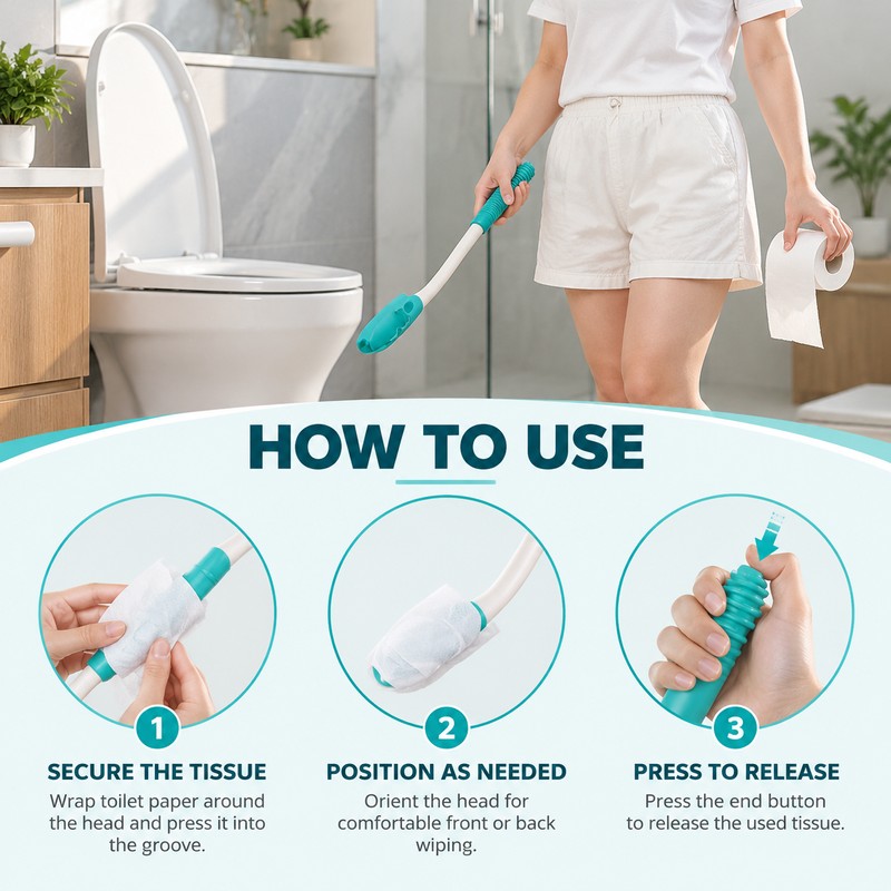 Long Handled Toilet Wiping Aid with Tissue Release Button, Ergonomic