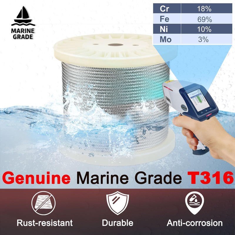 Steel DN Mate 300FT 1/8" Genuine T316 Stainless Steel Cable