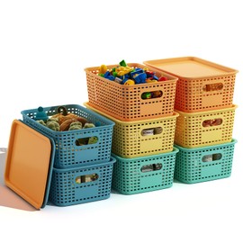 BOBIBOSS Colorful Plastic Storage Baskets with Lids 8 Pack Stackable Storage Bins Containers for Shelves Organizing, Colored Cute Decorative Storage Boxes for Classroom, Playroom, Closet, Pantry