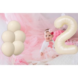 40 Inch Large Beige Number 2 with Latex Balloons, Big Foil Number Balloons for Kids Boys 2nd Birthday Party Decorations Boys Cute Baby Shower Supplies Anniversary Celebration