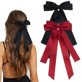 MIKONIKO Bow Hair Clips 2PCS Set for Women and Girls - Black White Ribbon Bows for Hair, with Long Tail, Alligator Clip (Black & Red)