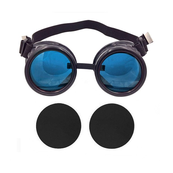 TamBee New Colored Diamond Lens Vintage Steampunk Goggles Glasses Welding Black With Blue Rechangeable Lens Halloween Face Mask