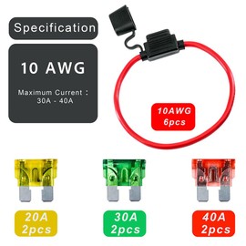 Selyse Pack of 6 10AWG Fuse Holder for Car, Truck, Car, Motorcycle, Waterproof with Inline Blade Fuses, Copper Cable, Standard Fuses for Car/Boat, 2 x 20 A, 2 x 30 A, 2 x 40 A