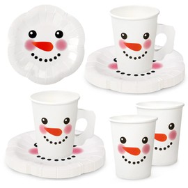 JarThenaAMCS 24 Winter Snowman Disposable Cup Saucers Set 9oz Snowman Paper Cups with Handle 5.5in Cute Saucer Plates For Xmas Christmas Party Tableware Supplies, Serves 24