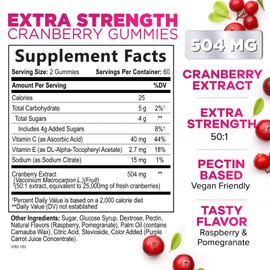 Cranberry Gummies 50:1 Extract - Urinary Tract Support, Cranberry Supplements For Women Made with 25,000mg, Helps Cleanse & Protect, Cran Berry Gummy Supplement Pills + Vitamin C - 120 Gummies