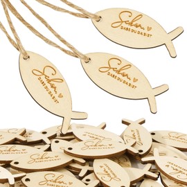 50 Pieces Wooden Gift Tags Schön Dass Du Da Bist Wooden Pendant Fish Shape Wooden Decoration Confetti Decoration for Communion Wedding Christening Birthday Party