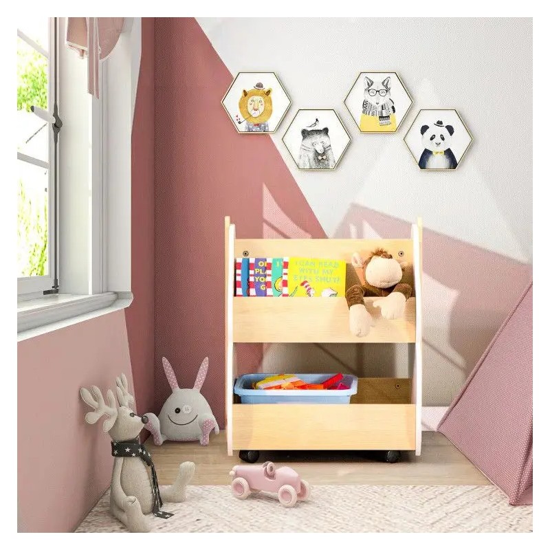 Kids White Gray Wooden Bookshelf With Universal Wheels For ChildrenColor: