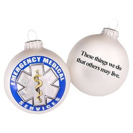 CHRISTMAS BY KREBS First Responder Logo/Slogan 3-1/4", Silver Pearl, EMS Glass Ornament