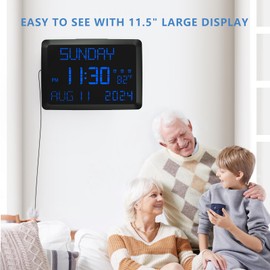 Raynic Digital Clock, 11.5" Large Display Calendar Clock with Day and Date, Indoor Temperature, Adjustable Brightness, Snooze,12/24H, DST for Home, Office, Elderly