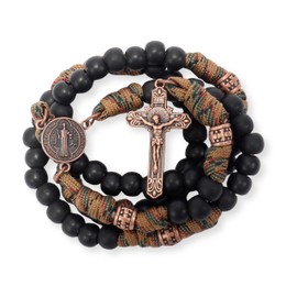 Nazareth Store Paracord Rosary Necklace 8mm Black Beads Antique Bronze Strong Rugged Corded Catholic Rosary with St.Michael Medal & Cross Crucifix (Brown Paracord Copper St.Benedict)