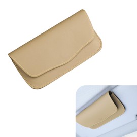 Arwrilt 1 PC Car Visor Sunglasses Case, 7.87" x 3.94" Leather Ma-gnetic Sunglasses Storage Box, Car Sun Visor Eyeglass Hanger Mounter Storage Box with Clips, Universal for Most Cars (Beige)